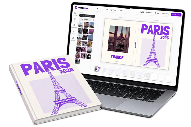 Photopress photobook designer software showing a travel book beside its digital layout